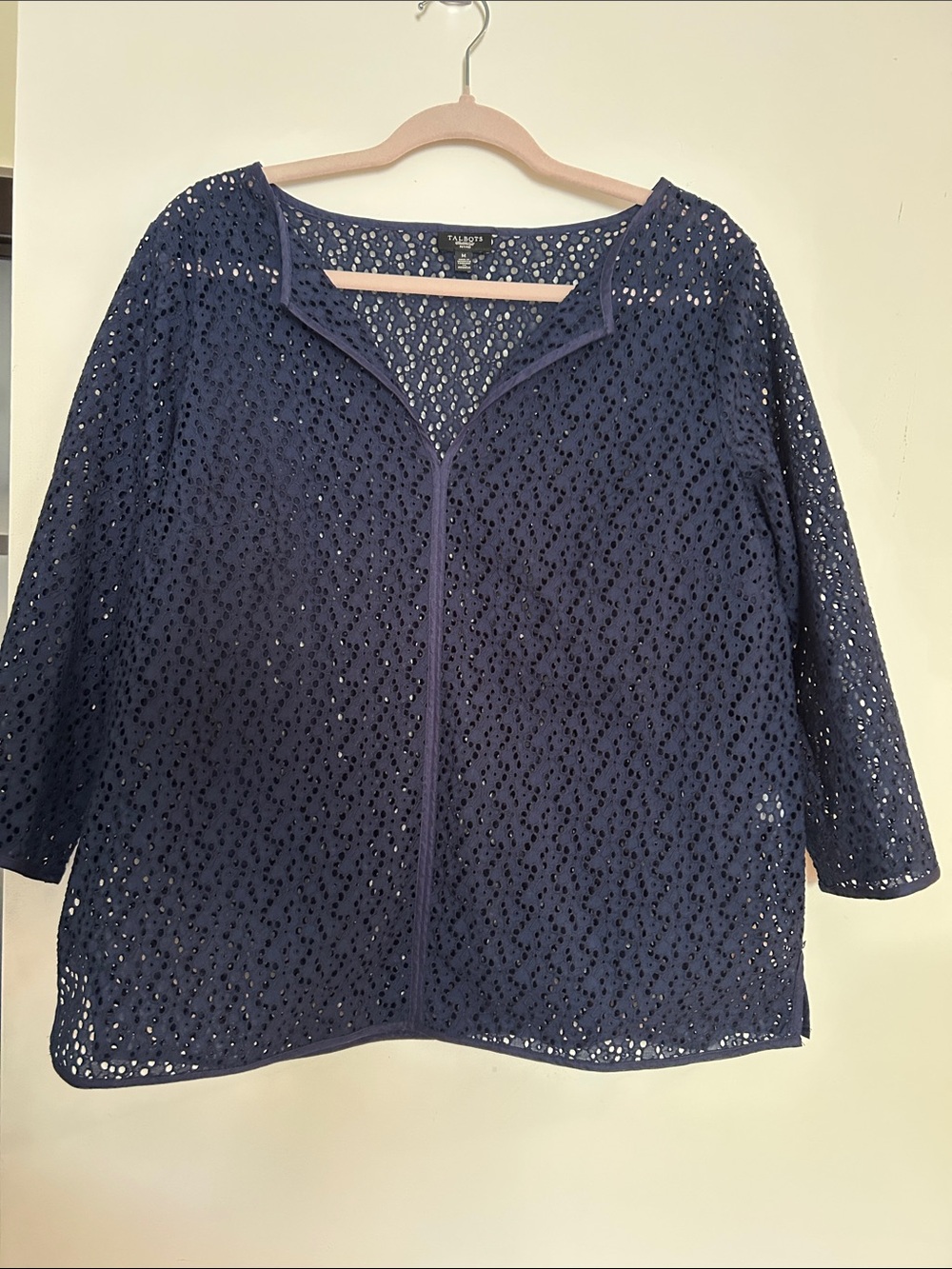 Talbots Navy Eyelet Open-Front Tunic Cardigan